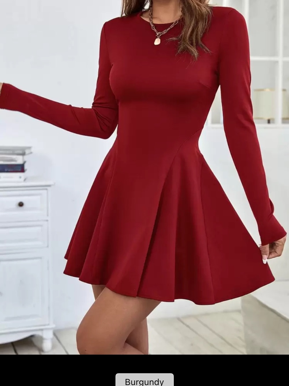 SHEIN Burgundy Long Sleeve Fit & Flare Midi Dress